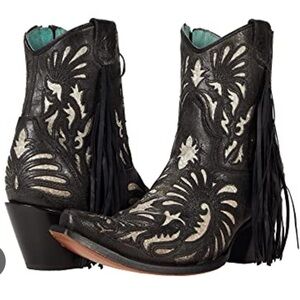 Corral Black and Cream Embroidered Booties with Fringe